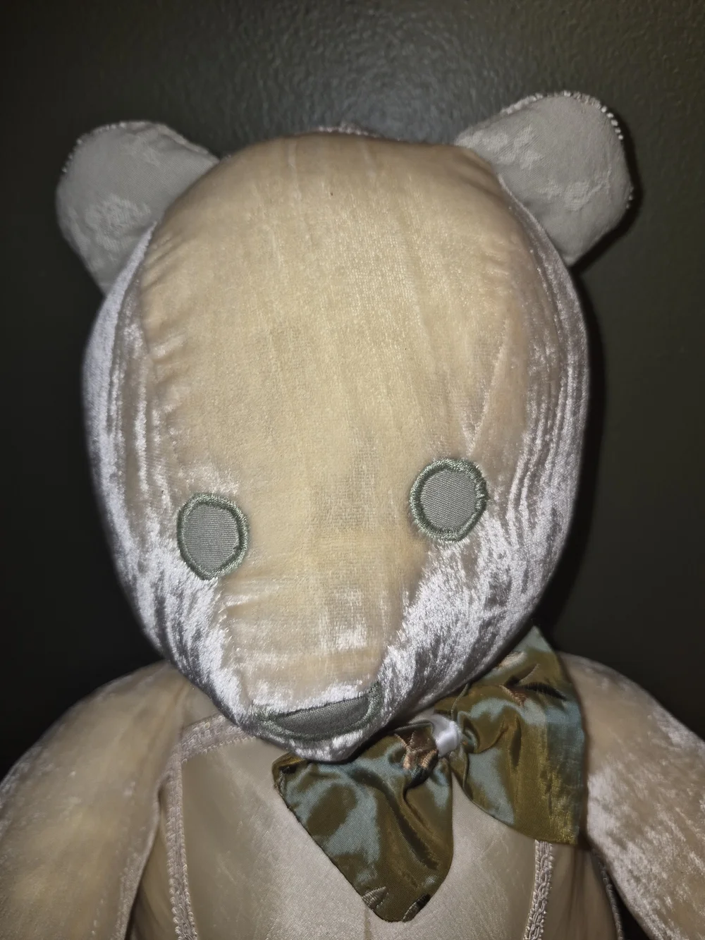 Vintage Green Frog Art Co. 22-Inch Golden Crushed Velvet & Satin Teddy Bear